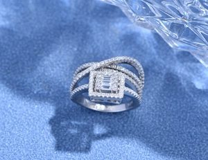 Detailed view of S925 silver four-layer ring with square halo pave cubic zirconia
