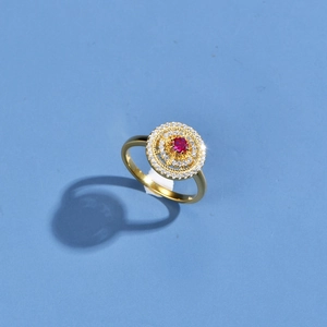 18K gold-plated sterling silver hollow round ring with ruby and shimmering zircon halo