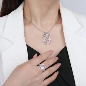 Exquisite S925 silver flower jewelry set with pave cubic zirconia necklace and ring