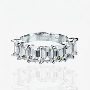 Bague Éternité en Argent Sterling S925 Taille Émeraude Zirconia Rangée Minimaliste Géométrique Luxe Bijoux de Mariage Femme