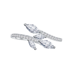 Elegant S925 sterling silver leaf ring with marquise zircon stones and open adjustable band