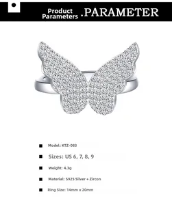 Tableau détaillé des tailles pour bague papillon en argent 925 et zircone