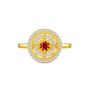 Luxurious 18k gold plated silver ring with hollow disk and round red ruby center stone