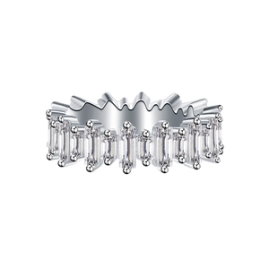 Luxury S925 sterling silver ring with baguette-cut pavé diamonds in a unique wavy setting