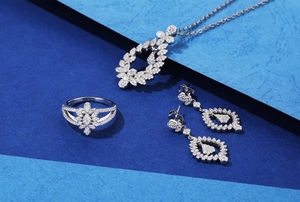 Detailed view of S925 silver necklace and earring set with shimmering floral zircon crystals