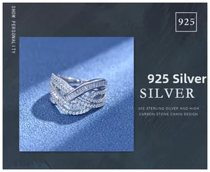Macro detail of S925 sterling silver multilayer ring with sparkling high carbon stones