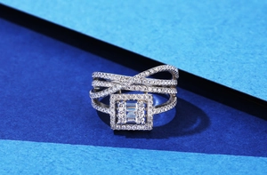 Macro shot of silver multi-layered crisscross ring with micro-pave cubic zirconia