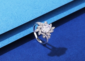 Macro shot of oval-cut crystal ring with sparkling flower halo in 925 sterling silver