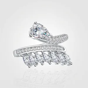 Unique 925 Sterling Silver Zirconia Feather Crossover Ring For Women Luxury Pear Cut Inlaid Adjustable Finger Jewelry Accessory