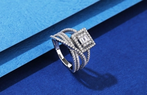 Macro shot of S925 silver four-layer ring with micro-paved cubic zirconia cross bands