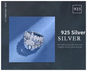 Macro shot of S925 sterling silver ring with flower pattern and micro-pave cubic zirconia