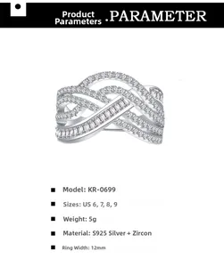 Detailed S925 sterling silver wavy ring specs with 12mm width and cubic zirconia details