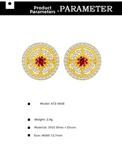 Detail view of round hollow sunburst earrings with red ruby and white zircon stones