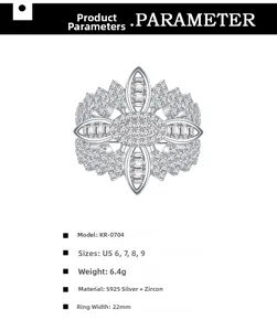 Detailed parameter chart for s925 silver vintage hollow floral zircon ring with dimensions
