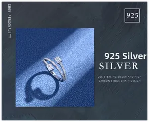 Detailed view of 925 silver triple-layer ring featuring rectangular carbon diamonds