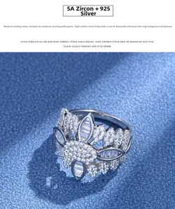 Close-up of S925 sterling silver flower ring set with brilliant 5A cubic zirconia stones