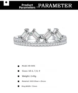 Detailed size specifications for a sterling silver crown ring with rectangular zircon