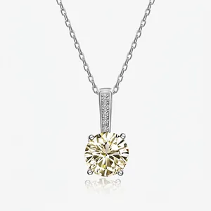 S925 Sterling Silver Necklace For Women Round Brilliant Cut Light Yellow Pink Rhinestone Solitaire Pendant Necklace Jewelry