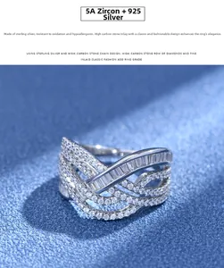 Close-up of S925 silver wave multi-layer ring with 5A zircon and baguette cut stones