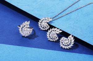 Close-up of S925 silver jewelry set with spiral zirconia flower pendant and ring