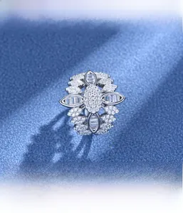 Macro detail of S925 silver multi-layer floral ring with micro-pave setting white zircons
