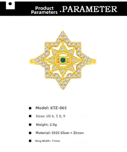Macro detail of 18K gold plated S925 silver eight-pointed star ring with green gemstone