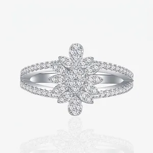 Luxury 925 Sterling Silver Leaf Flower Ring Pave Rhinestone Fashion Jewelry For Women Wedding Party Elegant Finger Ring