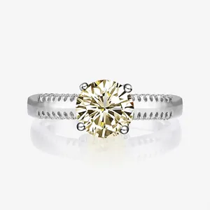 925 Sterling Silver Ring For Women Round Cut Light Yellow Pink Rhinestone Four Prong Minimalist Inlaid Fashion Finger Jewelry