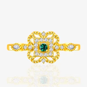 Anello Quadrifoglio in Argento Sterling 925 Vintage per Donna Placcato Oro 18K Zirconia Verde Smeraldo Anello a Fascia Vuota