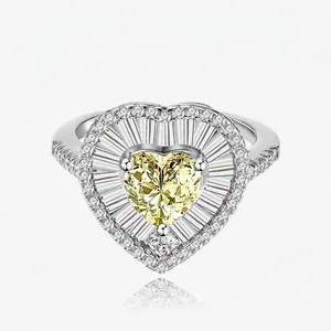 Luxury 925 Sterling Silver Heart Shaped Ring For Women Light Yellow Pink Rhinestone Elegant Engagement Wedding Jewelry Finger Ring