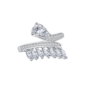 925 silver wrap ring with a pear-shaped diamond centerpiece and feather pattern stones
