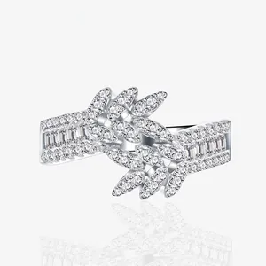 925 Sterling Silver Double Row Leaf Ring For Women Full Zirconia Inlay Niche Design Vintage Luxury Sparkling Statement Finger Ring Jewelry