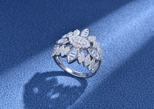 Macro detail of S925 sterling silver ring featuring radiant floral diamond cluster design