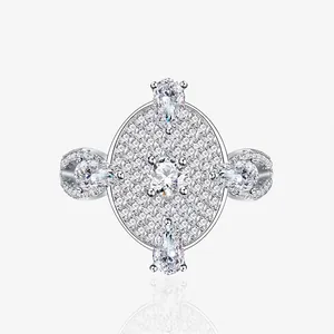 Luxurious 925 Sterling Silver Oval Ring Micro Inlaid Zirconia Cross Star Design Elegant Finger Jewelry Gift for Women