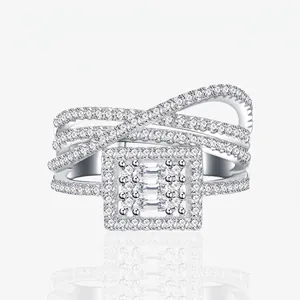 Luxury 925 Sterling Silver 4-Layer Crossed Line Ring For Women Geometric Square Micro-Inlaid Rhinestone Fashion Jewelry Gift
