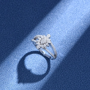 Micro-paved flower leaf S925 sterling silver ring with split band and zircon stones