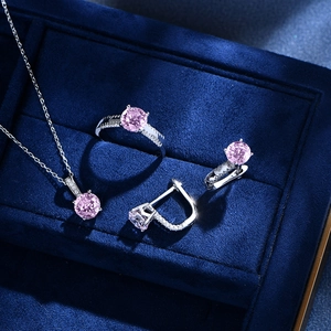 S925 silver jewelry set with 7mm pink carbon diamond necklace, ring and earrings