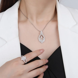 Elegant S925 sterling silver jewelry set with micro-pave floral necklace and ring
