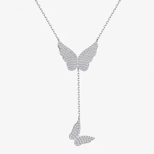 925 Sterling Silver Butterfly Tassel Pendant Necklace For Women Elegant Full Rhinestone Inlaid Clavicle Chain Fashion Jewelry Gift