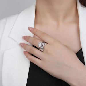 S925 sterling silver four-layer interlaced ring with micro-pave diamonds and rectangle zircon