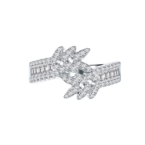 Sparkling double row leaf ring in 925 silver with cubic zirconia micro-pave setting