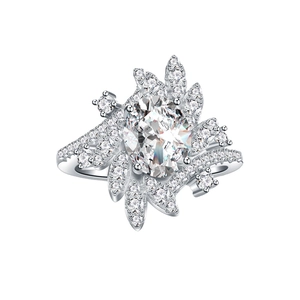 Oval cut moissanite engagement ring in 925 sterling silver with halo feather design