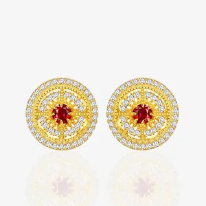 Vintage Round Hollow Pave Rhinestone Stud Earrings With Synthetic Ruby For Women 925 Silver Gold Plated Luxury Jewelry