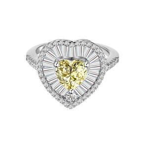 925 silver ring with 7mm heart-shaped yellow gemstone and radiating diamond halo