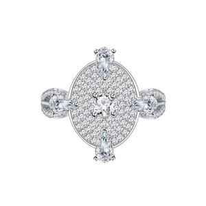 Elegant S925 sterling silver oval ring with micro-paved diamonds and pear-shaped stones