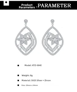 Macro view of S925 sterling silver geometric drop earrings with cubic zirconia flowers