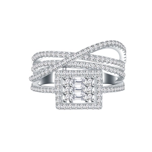 Elegant four-layer crisscross S925 silver ring with pave-set crystals and baguette-cut diamonds