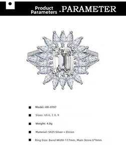 Detail view of 925 sterling silver ring with 6x9mm Asscher-cut zircon and vintage gear setting