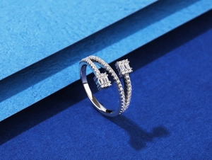 Macro shot of S925 sterling silver triple-layer ring with sparkling zircon stones