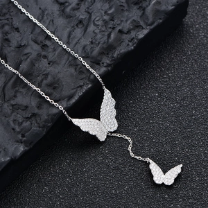 Sparkling S925 silver butterfly tassel pendant necklace with zircon pavé details